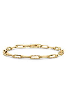 Finish off your look with this gleaming 18-karat yellow gold chain bracelet designed with a mix of solid and spiraling links. 7" length Lobster clasp closure 18k gold Made in Italy Formal Gold Bracelet With Oval Link And Hooks, Formal Gold Oval Link Bracelet With Hook, Formal Yellow Gold Bracelets With Hook And Links, Yellow Gold Chain Link Bracelet With Hook And Links, Formal Gold Cable Chain Bracelet, Classic Gold Oval Link Bracelet With Hooks, Classic Gold Bracelet With Oval Link, Yellow Gold Cable Chain Link Bracelet, Yellow Gold Link Chain Bracelet With Hook