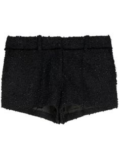 black cotton tweed high-waisted concealed front fastening belt loops two rear welt pockets thigh-length Chic Black Tweed Bottoms, High-waisted Shorts With Belt Loops For Party, Elegant Black Shorts With Belt Loops, Party High-waisted Shorts With Belt Loops, Short Tweed Bottoms For Work, Black Tweed Bottoms For Work, Fitted Tweed Shorts, Chic Tweed Shorts, Black Fitted Tweed Bottoms