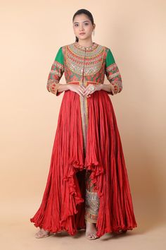 Green and orange anarkali with floral, thread and mirror embroidery. Comes with floral printed pant. - Aza Fashions Orange Anarkali Sets With Intricate Embroidery, Orange Anarkali Set For Reception And Festivals, Anarkali Salwar Kameez With Intricate Embroidery For Navratri, Anarkali Salwar Kameez With Multicolor Embroidery For Reception, Anarkali Palazzo Set With Intricate Embroidery For Festivals, Bollywood Orange Anarkali Set With Intricate Embroidery, Maxi Length Salwar Kameez With Intricate Embroidery For Navratri, Festive Orange Anarkali Set With Intricate Embroidery, Anarkali Palazzo Set With Intricate Multicolor Embroidery