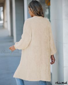 Olivia Mark - Comfortable Fuzzy Cardigan Coat Winter White V-neck Outerwear For Layering, Long Plain Winter Outerwear, Plain Long Winter Outerwear, Cozy Oversized V-neck Outerwear, Winter White Long Sleeve Cardigan With Pockets, Beige Plain Outerwear For Fall, Cozy Long Solid Color Outerwear, Oversized Outerwear With Pockets, Oversized V-neck Outerwear With Pockets