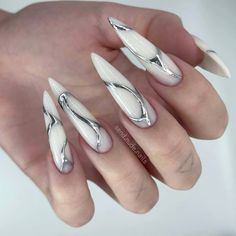 Chrome Nails Silver, Acrylic Nails Stiletto, Long Stiletto Nails, Makeup Nails Art, Spring Acrylic Nails, Punk Nails, Edgy Nails, Grunge Nails