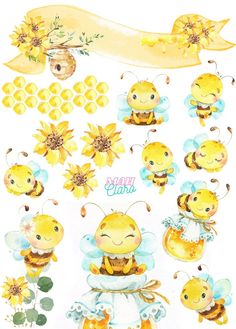 a watercolor drawing of bees and sunflowers