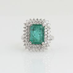 14k White Gold Zambian Emerald Gemstone Cocktail Ring SI/HI Diamond 4.72 TCW Emerald Halo, Diamond Cocktail Ring, Emerald Engagement Ring Cut, Zambian Emerald, Diamond Cocktail Rings, Gold Birthday, White Solid, Emerald Gemstone, Anniversary Gift For Her