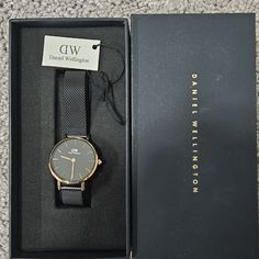 Daniel Wellington Women's Watch New Size: 28mm Strap Color: Black Strap Type: Mesh Strap Width:12 Mm Classic Black Jewelry With Diamond Hour Markers, Elegant Black Watch Bracelet Strap, Formal Black Watch Bands, Timeless Black Watch With Bracelet Strap, Black Timeless Watch With Bracelet Strap, Timeless Black Watch For Work, Elegant Black Watch Bands With Round Dial, Timeless Black Watch Accessories For Work, Timeless Black Watch Accessories