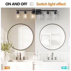 two round mirrors hanging on the wall above a sink in a bathroom, one with an off and switch light effect