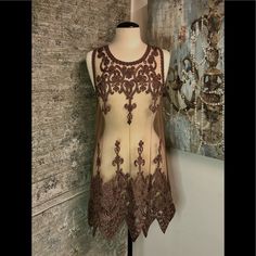 Elegant Embroidered Lace Gatsby Dress Approx 32” Dark Taupe Fitted Sheer Brown Dresses, Elegant Brown Dress With Intricate Embroidery, Sleeveless Brown Dress With Lace Trim, Brown Sleeveless Dress With Lace Trim, Elegant Embroidered Brown Dress, Elegant Brown Embroidered Dress, Sheer Brown Spring Dress, Spring Sheer Brown Dress, Brown Sheer Spring Dress