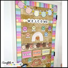 a door decorated with stickers and some words on the front cover that says welcome