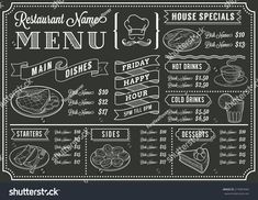 a restaurant menu on a chalkboard with food and drinks