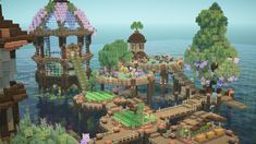 Minecraft On The Water House, Village On Water Minecraft, Minecraft Village Design Ideas, Water Kingdom Minecraft, Over Water Minecraft House, Floating Water House Minecraft, Cliff Side Base Minecraft, Minecraft Dock Aesthetic, Canopy Minecraft