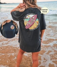 "These cute beachy, distressed tees make a perfect beach coverup or lounge tee! Or mix and match colors with friends for a perfect group vacation photo! Please note that tshirt colors White, Ivory, Butter, and Chambray will have black text. All other shirt colors will have white text! This design will print on the back of the shirt as well as the front left pocket! These tshirts are meant to have a slightly distressed, beachy look! About Comfort Colors Tees! (Unisex Shirts!) These ultra soft pig Soft-washed Summer Beach T-shirt, Oversized Casual T-shirt For Beach Season, Summer Distressed Tops For Loungewear, Black Screen Print Tops For Beach, Black Screen Print Top For Beach, Oversized Screen Print Top For The Beach, Black Tops With Funny Print For The Beach, Distressed Graphic Tee For Summer, Funny Print Black Top For The Beach