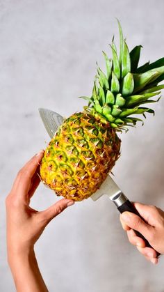 a person holding a pineapple with a knife stuck in it's center, on a white surface