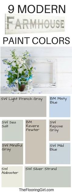 the 9 modern farmhouse paint colors are all in shades of gray, blue and white