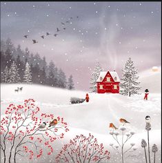 a red house in the snow with birds flying around it and trees on either side