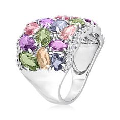 Ross-Simons - 15.20ct t. w. Multicolored Sapphire Ring, .24ct t. w. Diamonds. Size 5. Brimming with beautiful pastel hues, this gemstone ring makes a major statement on color! Here, 15.20 ct. t. w. sapphires stylishly scatter in lovely shades of orange, purple, pink, green and blue between .24 ct. t. w. round diamond borders. Finely crafted in polished 14kt white gold. 3/4" wide. Diamond and multicolored sapphire ring. Sapphire birthstones are the perfect gift for September birthdays. Elegant Multicolor Brilliant Cut Gemstones, Formal Multicolor Diamond Gemstones, Multicolor Brilliant Cut Sapphire Ring For Formal Occasions, Formal Multicolor Brilliant Cut Rings, Multicolor Oval Diamond Ring For Formal Occasions, Elegant Multicolor Brilliant Cut Rings, Formal Multicolor Oval Diamond Ring, Oval Multicolor Multi-stone Rings, Formal Multicolor Fine Jewelry Gemstones