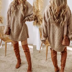 If You Want A Comfy, Cozy Sweater Dress This Is Perfect For The Fall And Winter. It Is Durable, Warm And Incredibly Flattering. Fall Boots Knee High, Fall Dresses Casual, Fall Sweater Dresses, Sweater Dress Outfit Fall, Sweater Dress With Boots, Winter Dresses For Women, Cozy Sweater Dress, Fall Sweater Dress, Sweater Dress Outfit