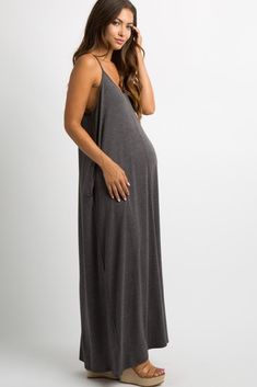 Charcoal Solid Cami Maternity Maxi Dress Outfit Semi Formal, Maternity Sundress, Casual Maternity Outfits, Maternity Maxi Dress, Stylish Maternity Outfits, Cami Maxi Dress, Maternity Outfits, Casual Maternity, Trendy Maternity