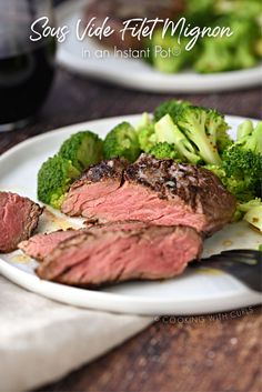 steak and broccoli on a white plate with the words sous vie et mignon in an instant pote