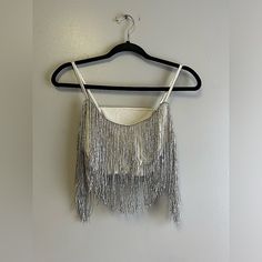 Shein Fringe White Sleeveless Crop Top Cami Size Small Nwot Cropped Party Vest Top, Sleeveless Crop Top For Summer Evenings, Sleeveless Crop Top For Evening Summer Events, Party Crop Top With Tank Straps And Vest Detail, Party Vest Crop Top With Tank Straps, White Vest Top For Party, White Vest Top For Night Out, White Party Vest Top, White Sleeveless Halter Top For Night Out