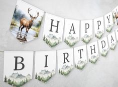 a happy birthday banner with an image of a deer