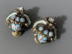 Vintage Czech brass Turquoise glass cabochon clip on earrings Vintage Turquoise Enamel Jewelry, Classic Cabochon Clip-on Earrings, Turquoise Clip-on Jewelry Gift, Vintage Cabochon Clip-on Earrings For Formal Occasions, Turquoise Clip-on Jewelry For Gift, Blue Metal Clip-on Earrings, Blue Metal Clip-on Jewelry, Vintage Cabochon Clip-on Earrings As Gift, Vintage Clip-on Cabochon Earrings As Gift