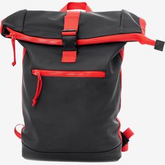 a black backpack with red zippers on it