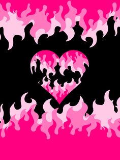 a pink and black heart surrounded by flames