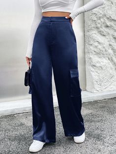 Women's Casual Solid Color Wide Leg Cargo Pants Navy Blue Casual   Woven Fabric Plain Wide Leg Non-Stretch  Women Clothing, size features are:Bust: ,Length: ,Sleeve Length: Cargo Pants Navy Blue, Navy Blue Cargo Pants, Blue Cargo Pants, Wide Leg Cargo Pants, Duck Shirt, Casual Hat, Women's Casual, Cargo Pants, All Fashion