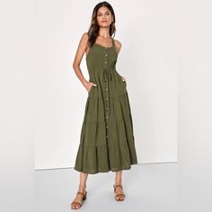 Keep It Cute And Casual When Viewing The City Sights With The Lulus See The City Olive Green Button-Front Tiered Midi Dress! Perfect For Those Sunny Sightseeing Days, This Breezy Linen Dress Features An Apron Neckline And Wide Tank Straps That Crisscross At The Back. A Seamed Bodice, Atop A Tying Drawstring Waist, Boasts A Functional Brown Marbled Button Placket Before Continuing To A Tiered A-Line Silhouette That Ends At A Midi Hem. Olive Green Midi Dress, Lulu Fashion, Adhesive Bra, Sophisticated Dress, Wrap Midi Dress, Button Front Dress, Tiered Midi Dress, Pretty Clothes, Cotton Midi Dress