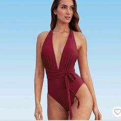 New Cupshe Women’s Deep V Neck One Piece Deep Red Bathing Suit. Medium Chic Red Halter Neck Swimwear, Chic Red Swimwear For Poolside, Red Elegant V-neck Swimwear, Elegant Red Swimwear For Beach Season, Chic Red Sleeveless Swimwear, Red Bathing Suits, Swimsuit Wrap, Cupshe Swimsuits, Floral One Piece Swimsuit