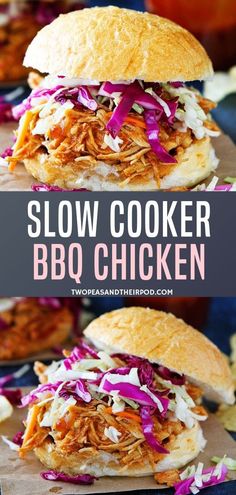 slow cooker bbq chicken sandwich with coleslaw and slaw on it