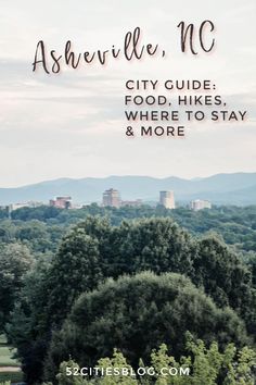 the words nashville, nc city guide on top of trees in front of mountains and buildings