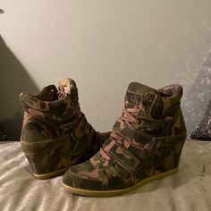 Size 8 Suede Excellent Condition! Casual Brown Platform Wedge Sneakers, Brown High-top Platform Wedge Sneakers, Ash Shoes, Green Suede, Wedge Sneaker, Womens Shoes Sneakers, Camo, Ash, Shoes Sneakers