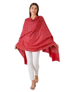 Experience unparalleled elegance with our Handcrafted Pure Pashmina Shawl, adorned with exquisite floral designs in vibrant red. This luxurious shawl is meticulously crafted from the finest Kashmiri pashmina, ensuring both comfort and timeless style. Product Details: Hand Embroidered Pure Kashmiri Pashmina Shawl Material: Pure Pashmina (100% Cashmere) Size: 100 cm X 203 cm / 40 Inch X 80 Inch / 1.1 x 2.2 Yards (Approx) Base Color: Red Embroidery: Delicate floral Embroidery designs Origin: Handcr Embroidered Red Pashmina Shawl In Jamawar, Red Jamawar Pashmina Shawl, Red Jamawar Shawl With Dupatta Detail, Red Jamawar Shawl Dupatta, Traditional Red Pashmina Shawl, Embroidered Red Pashmina Shawl, Red Embroidered Pashmina Shawl, Traditional Red Pashmina Shawl Dupatta, Traditional Red Pashmina Dupatta Shawl