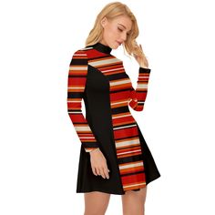 Step into the vibrant world of retro fashion with our Black Red Mod Dress, a stunning tribute to 60s dress style. This GOGO Dress combines the classic elegance of the era with a modern twist, featuring a striking black, red, orange, and beige stripe pattern print that exudes vintage charm. Crafted from luxurious Velour material, this Turtle Neck Dress offers both comfort and style, making it a must-have addition to your wardrobe. Perfect for any occasion, from casual outings to special events, t Retro Party Dress For Fall, Retro Fall Party Dress, Fall Party Retro Dress, Retro Mini Length Fall Dresses, Retro Knee-length Mini Dress For Party, Retro Long Sleeve Mini Dress For Fall, Fall Retro Long Sleeve Mini Dress, Black Long Sleeve Retro Dress, Multicolor Mini Dress For Winter