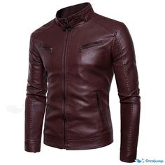 OrcaJump - Faux Leather Motorcycle Jacket with Stand-up Collar and Button Closure Diagonal Zipper Jacket, Motorcycle Wear, Winter Leather Jackets, Leather Jacket Men Style, Faux Jacket, Korean Fits, Mens Leather Coats, Faux Leather Motorcycle Jacket, Motorcycle Jacket Mens