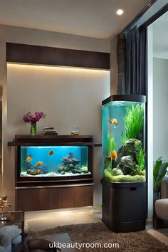 a fish tank in the middle of a living room