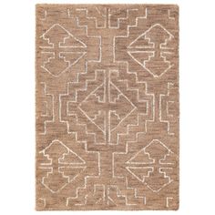 a brown rug with an intricate design on the front and back side, in white