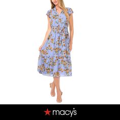 in stock Spring Blue Floral Print Midi Dress, Blue Floral Print Midi Dress For Spring, Blue Floral Midi-length Dress For Spring, Blue Floral Midi Dress For Spring, Light Blue Floral Print Midi Dress For Day Out, Blue Floral V-neck Dress For Spring, Light Blue Floral Print Dress For Spring, Blue Floral V-neck Dress For Daywear, Blue V-neck Floral Dress For Spring