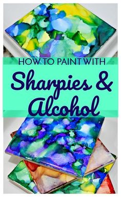 the words how to paint with shapped and alcohol on top of colorful glass tiles