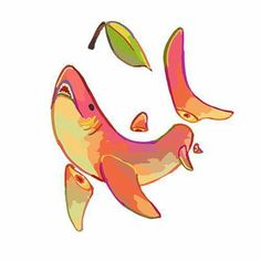 an orange and pink fish with two green leaves on it's back, floating in the air