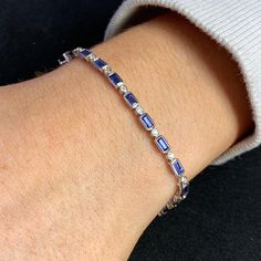 Truly Beautiful Diamond and Sapphire 18ct White Gold Art Deco Style Bracelet. (Diamonds and Sapphires are all natural) Highly wearable bracelet is in the art deco style with baguette cut sapphires and round modern brilliant cut diamonds. Manufactured in 18ct white gold with a total of 23 modern brilliant diamonds and 23 baguette cut sapphires alternately set, all are mounted in 18ct white gold in 'rub over' settings, no claws to snag or catch. Beautiful white diamonds, clean and sparkling, beaut Rose Gold Bangle, Gold Art Deco, Dress Rings, Antique Diamond, Gold Art, Baguette Cut, Brilliant Diamond, Art Deco Style, White Diamonds