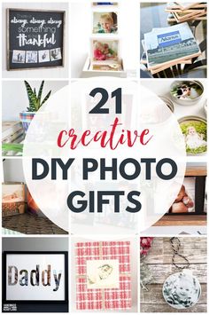 the words 21 diy photo gift ideas are shown in many different styles and sizes