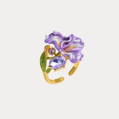 This delicate iris flower ring boasts a sparkling enamel finish and gemstones, bringing sophistication and attention to your style. Our design idea comes from the serene oil painting of Monet. Under Monet's pen, the iris bloomed in a different posture. That is an incredible and indescribable hazy beauty. Perfect for nature lovers or those seeking a touch of elegance, this fine jewelry piece from our wonderland collection exudes romance and fashion.  DETAILS Plating: 18K Gold Materials: 18K Gold Iris Jewelry, Astrology Jewelry, Astrology Necklace, Moon And Star Ring, Moon And Star Earrings, Fruit Jewelry, Iris Flower, Nature Earrings, Nature Necklace