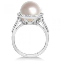 South Sea Cultured Pearl and Diamond Halo Ring 14K W. Gold (11mm) Formal White Pearl Ring With Center Stone, Formal White Pearl Ring With Prong Setting, White Pearl Ring With Prong Setting For Formal Occasions, White Pearl Ring With Center Stone For Fine Jewelry, Formal White Diamond Ring With Pearl Drop, Formal Diamond White Pearl Ring With Center Stone, White Pearl Ring With Diamond Accents, White Oval Pearl Ring With Brilliant Cut, White Oval Brilliant Cut Pearl Ring