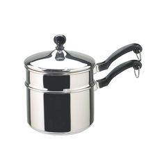 a stainless steel sauce pot with black handles