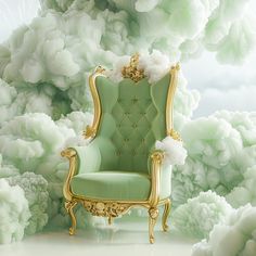 a green and gold chair sitting in front of a cloud filled sky with white fluffy clouds