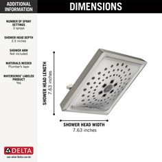 the shower head width and measurements for different types of fixtures, including an overhead drain