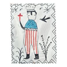 a drawing of a man with an american flag on his shirt and holding a cross