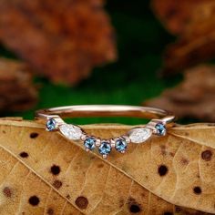 a gold ring with blue and white stones sits on top of a leaf in the fall