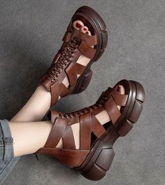 Genuine Leather Women Casual Shoes EM716 Retro Wedges Handmade Weave Sandals | Touchy Style Casual Flat Leather Lace-up Sandals, Spring Brown Leather Lace-up Sandals, Brown Flat Heel Lace-up Sandals For Spring, Brown Lace-up Sandals With Flat Heel For Spring, Brown Lace-up Flat Heel Sandals For Spring, Brown Lace-up Sandals With Round Toe For Spring, Brown Flat Lace-up Sandals For Spring, Trendy Brown Sandals With Woven Sole, Casual Closed Toe Lace-up Leather Sandals